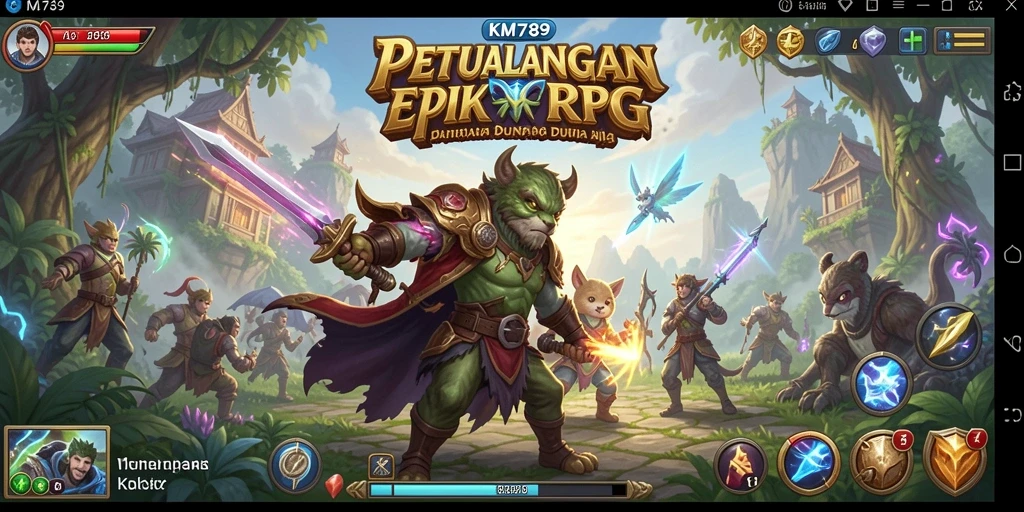 Screenshot menunjukkan karakter utama dalam pertempuran RPG yang epik.