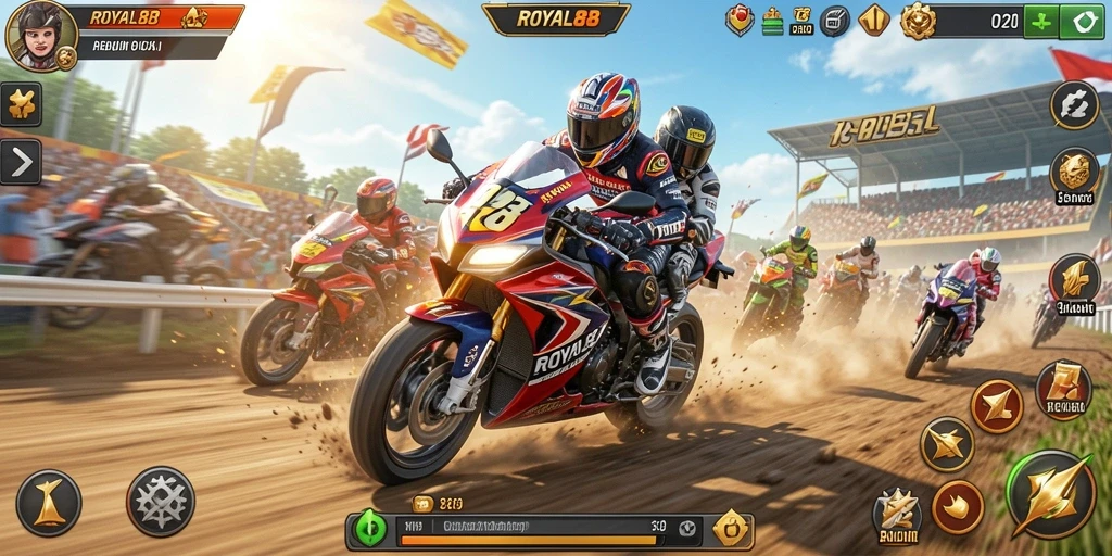 Screenshot ROYAL88 menampilkan aksi balapan motor yang menarik.