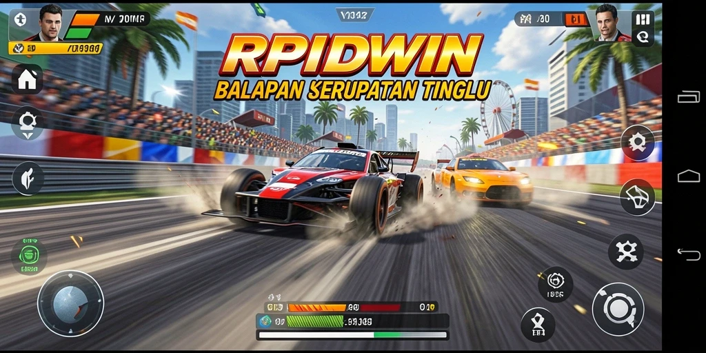 Screenshot gameplay RPIDWIN menunjukkan mobil balap di lintasan dengan latar belakang realistis.